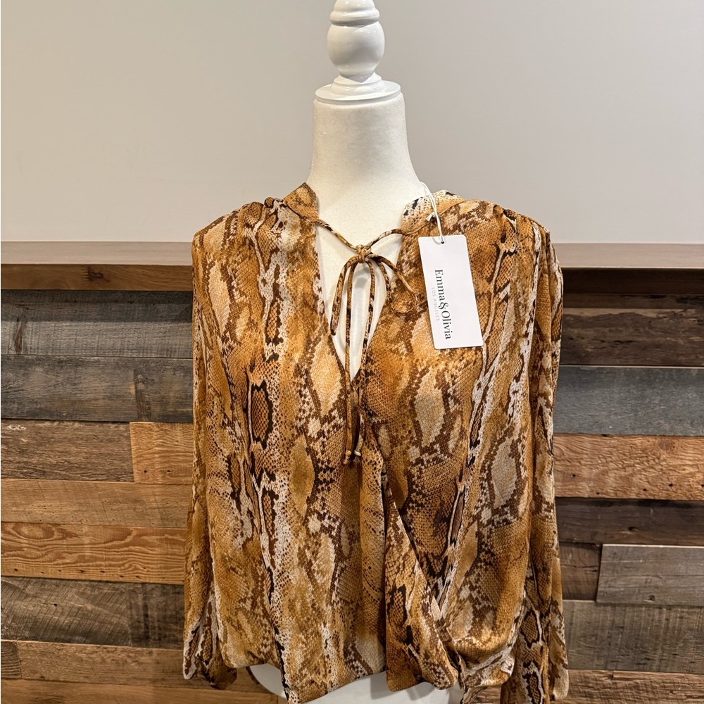 Brown and Gold Snake Print Sleeve Tie Front Blouse